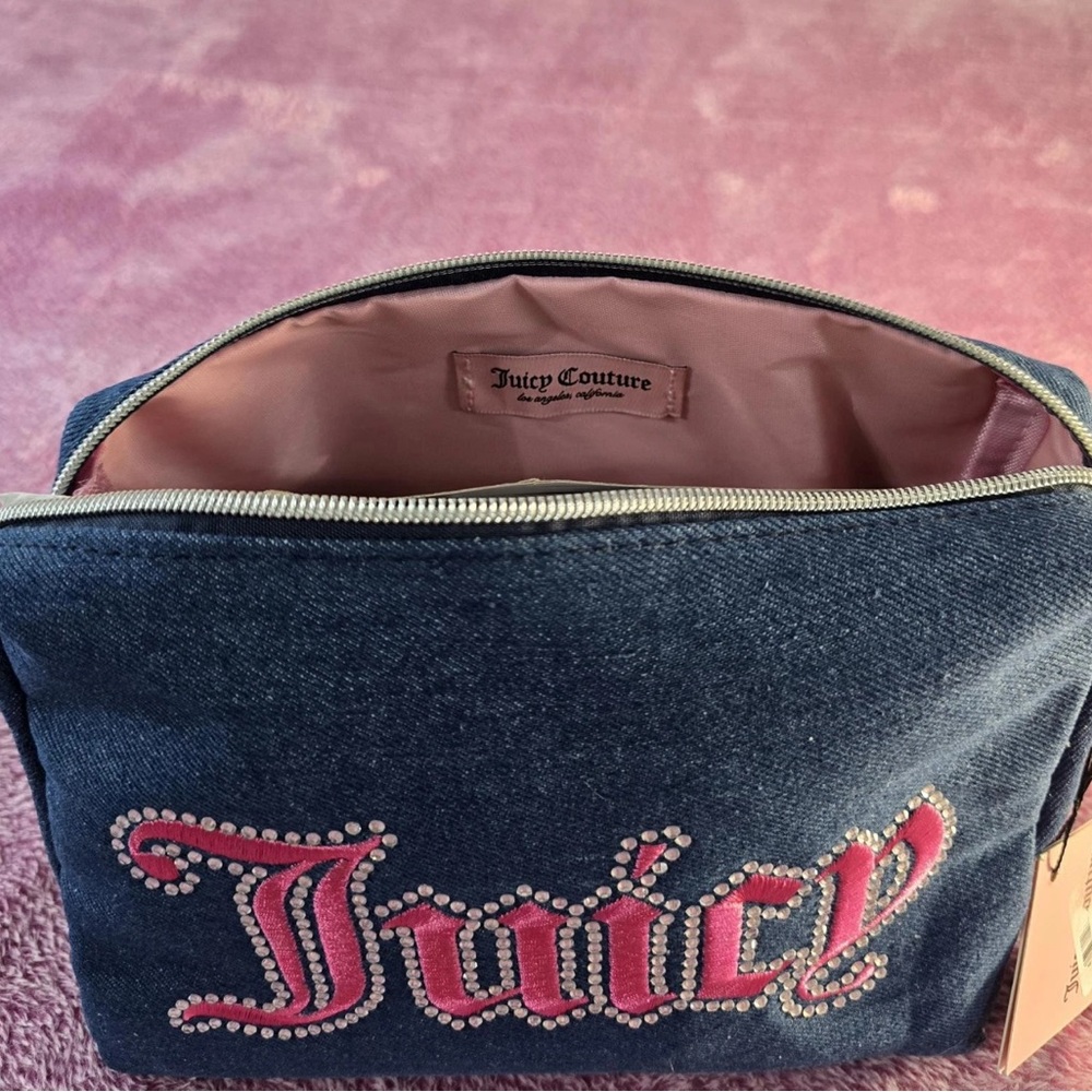 Juicy Couture Denim Blue Cosmetic Bag with Pink Accents - Picture 4 of 6